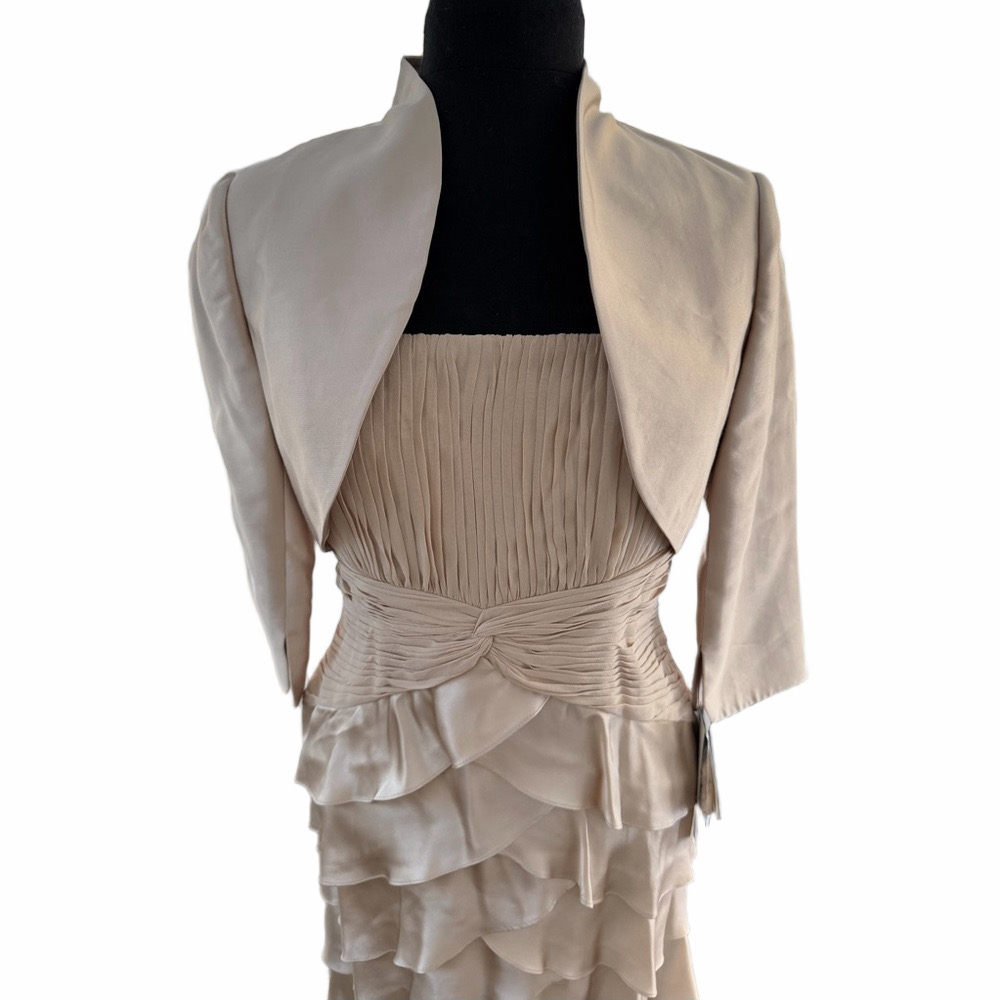 ADRIANNA PAPELL Tiered Shutter Dress Silk Jacket Size 6P Champagne Strapless NEW - Picture 5 of 16